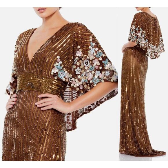 Mac Duggal Chocolate Sequined V Neck Floral Embellished Cape Sleeve Gown 8 NWT - Picture 1 of 12